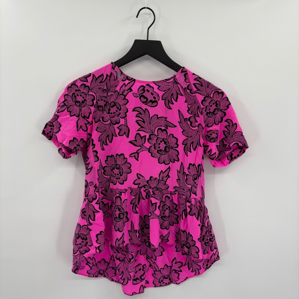 Dolce Vita Silk Blouse Womens Small Pink Black Floral Peplum Keyhole Barbiecore